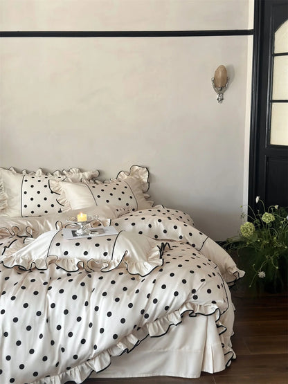 Another full view of the Creamy White & Black Polka Dot Bedding Set, emphasizing the room's aesthetic - RoomDen.