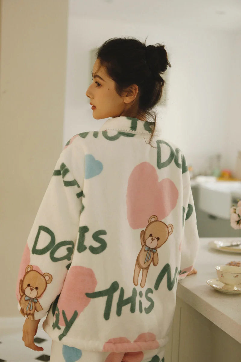 Back View of White Flannel Pajama Showing Large Heart and Bear Print - RoomDen