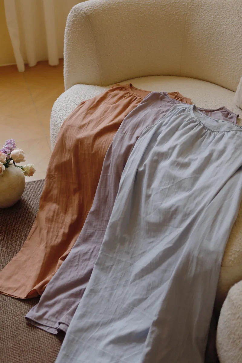 Trio of Terracotta Lavender and Blue Double Gauze Dresses Texture Detail - RoomDen