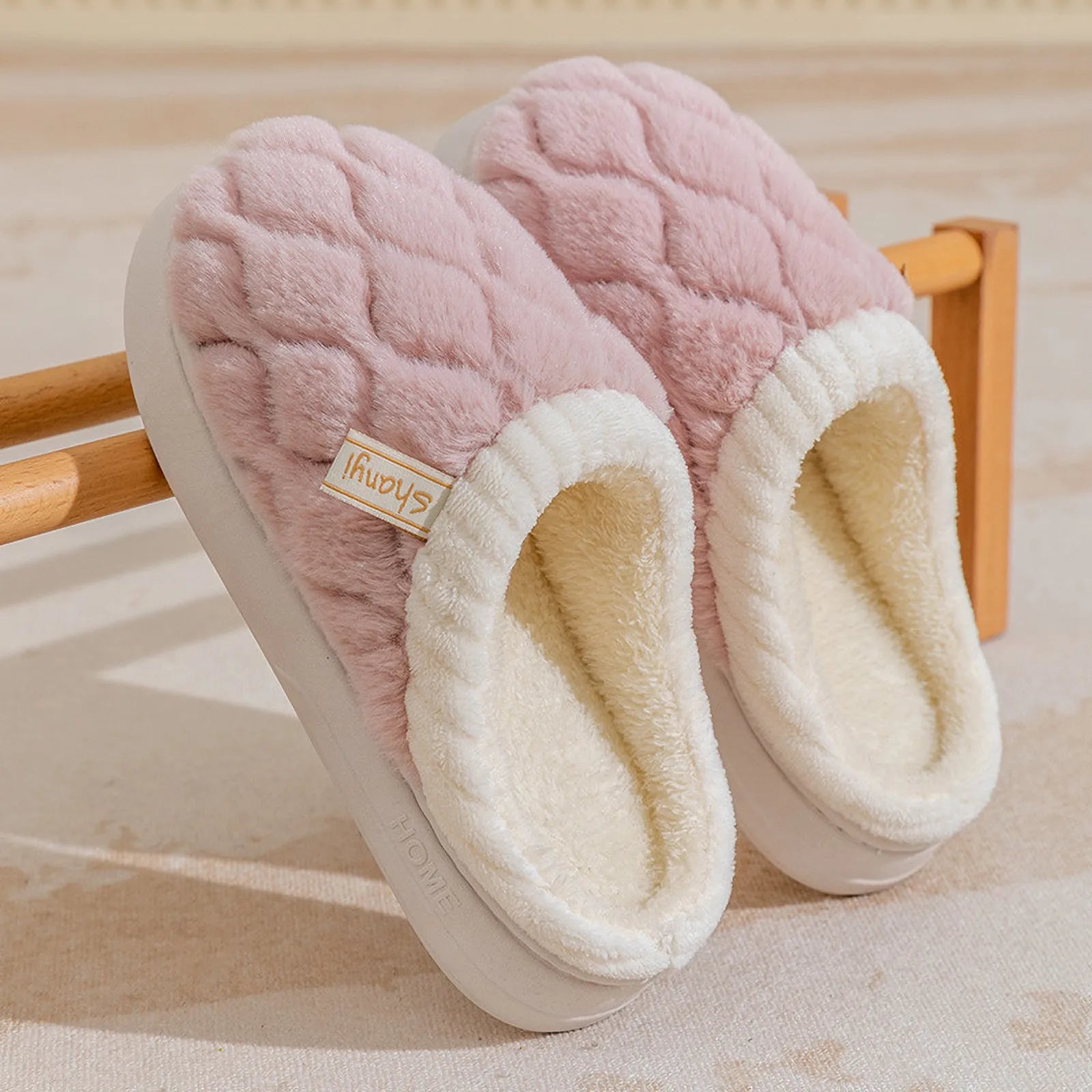 Side profile of Dusty Pink slippers showing thick sole and plush upper - RoomDen