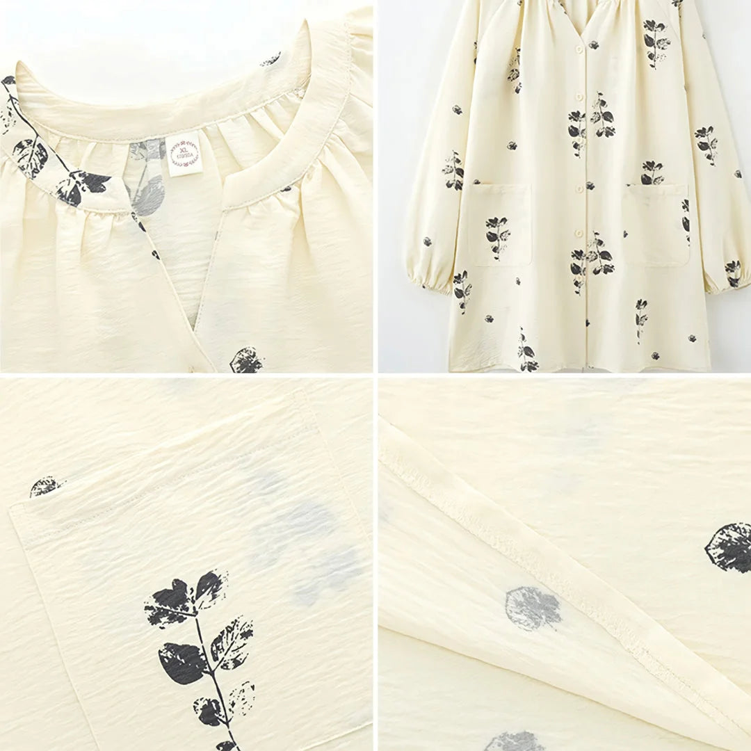 Collage showing details of the pajama set: V-neckline, front pocket, textured cotton fabric, and leaf print - RoomDen