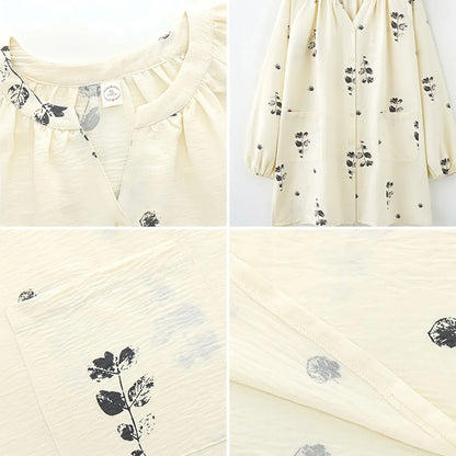 Collage showing details of the pajama set: V-neckline, front pocket, textured cotton fabric, and leaf print - RoomDen