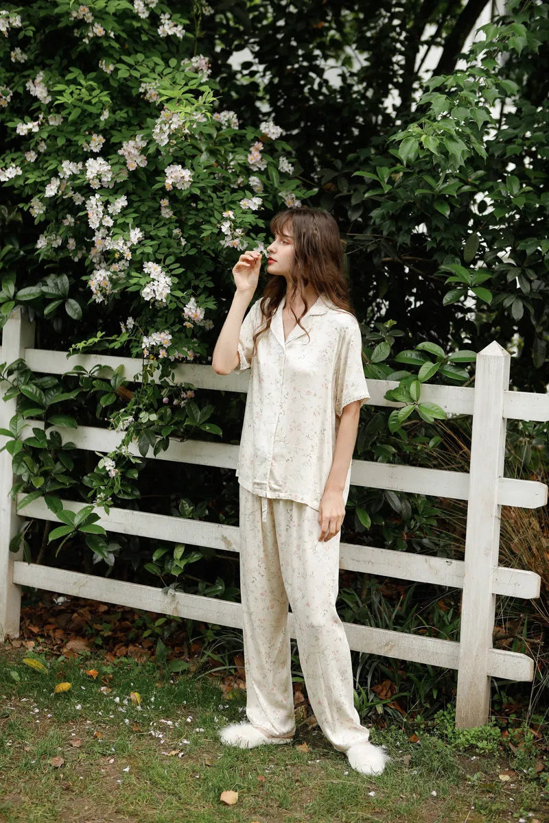 Full Body Shot of Cream Floral Cotton Sateen Lounge Set - RoomDen