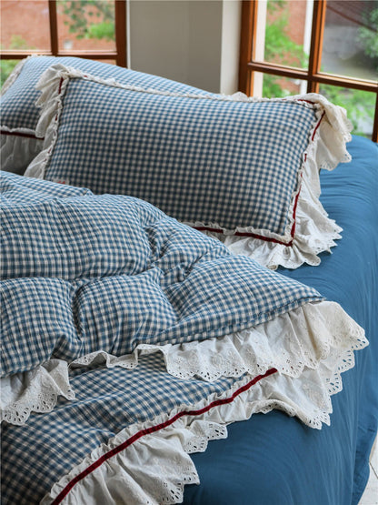 Soft blue gingham comforter with frilled edges and white lace detailing - RoomDen
