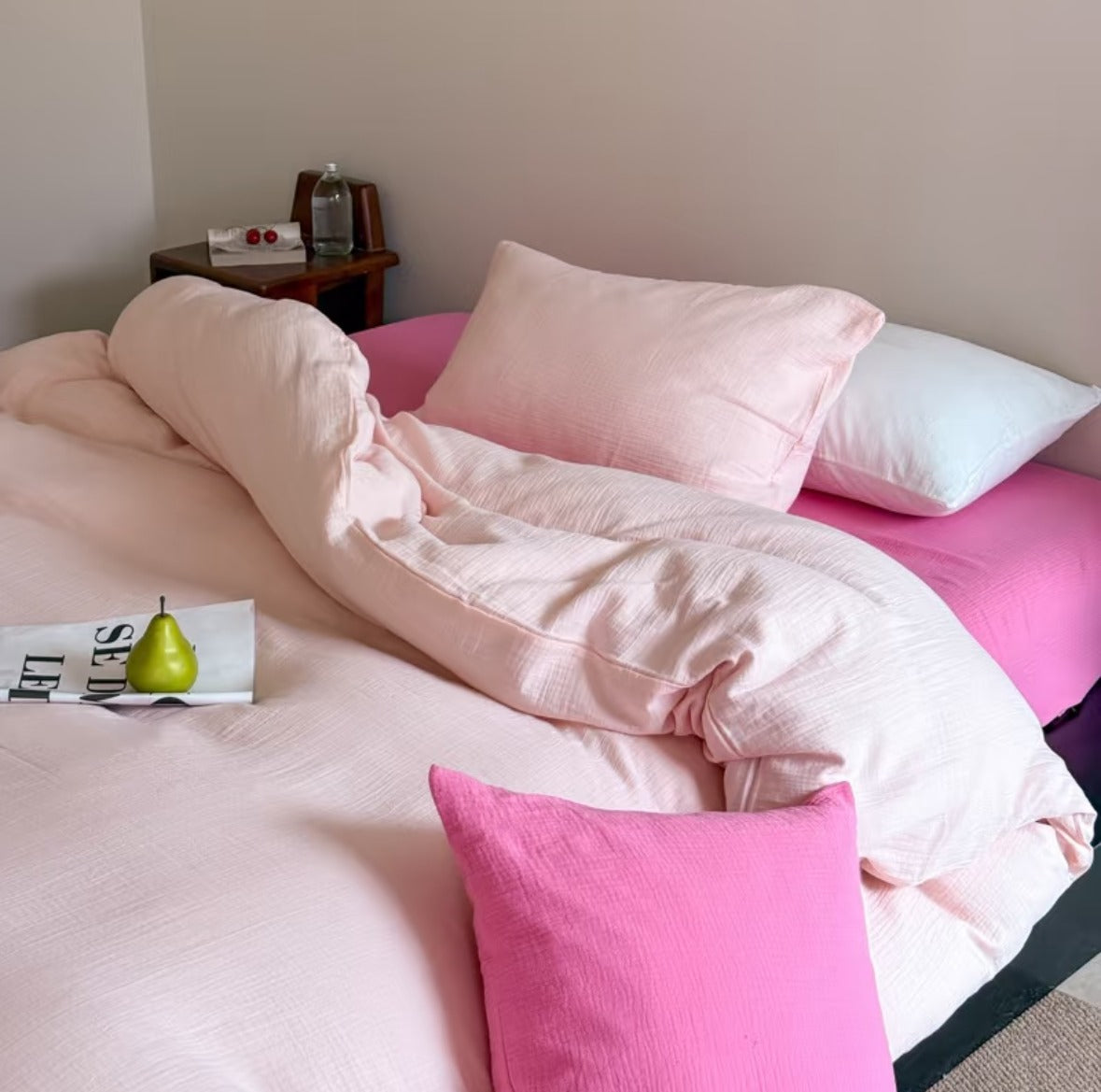 Double Gauze Cotton Bedding Set - Pink + Light Pink