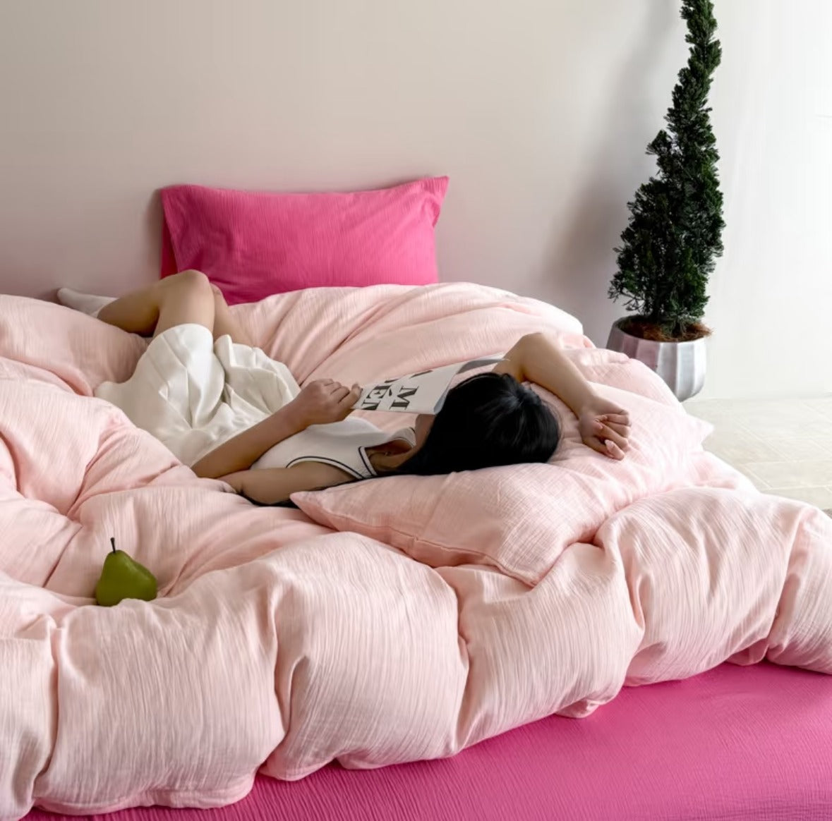 Double Gauze Cotton Bedding Set - Pink + Light Pink