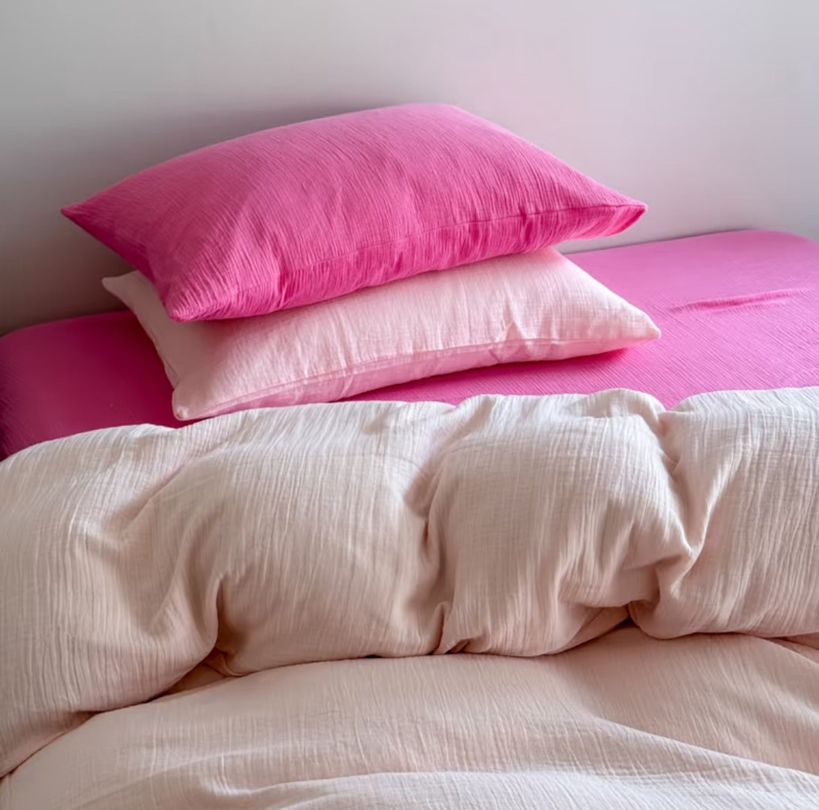 Double Gauze Cotton Bedding Set - Pink + Light Pink