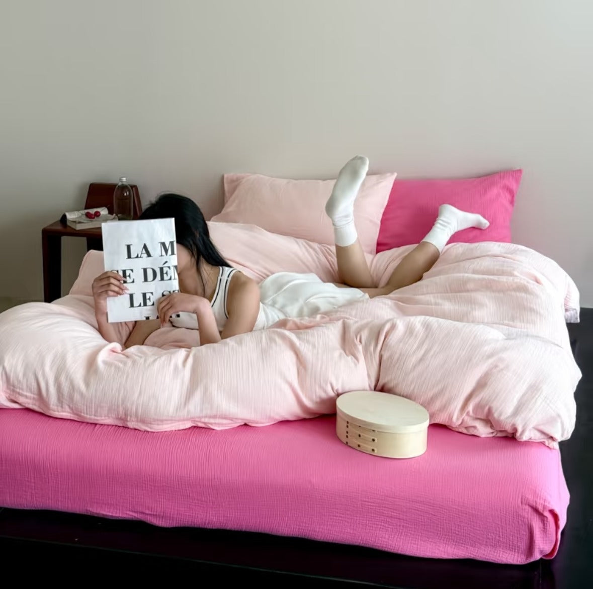 Double Gauze Cotton Bedding Set - Pink + Light Pink