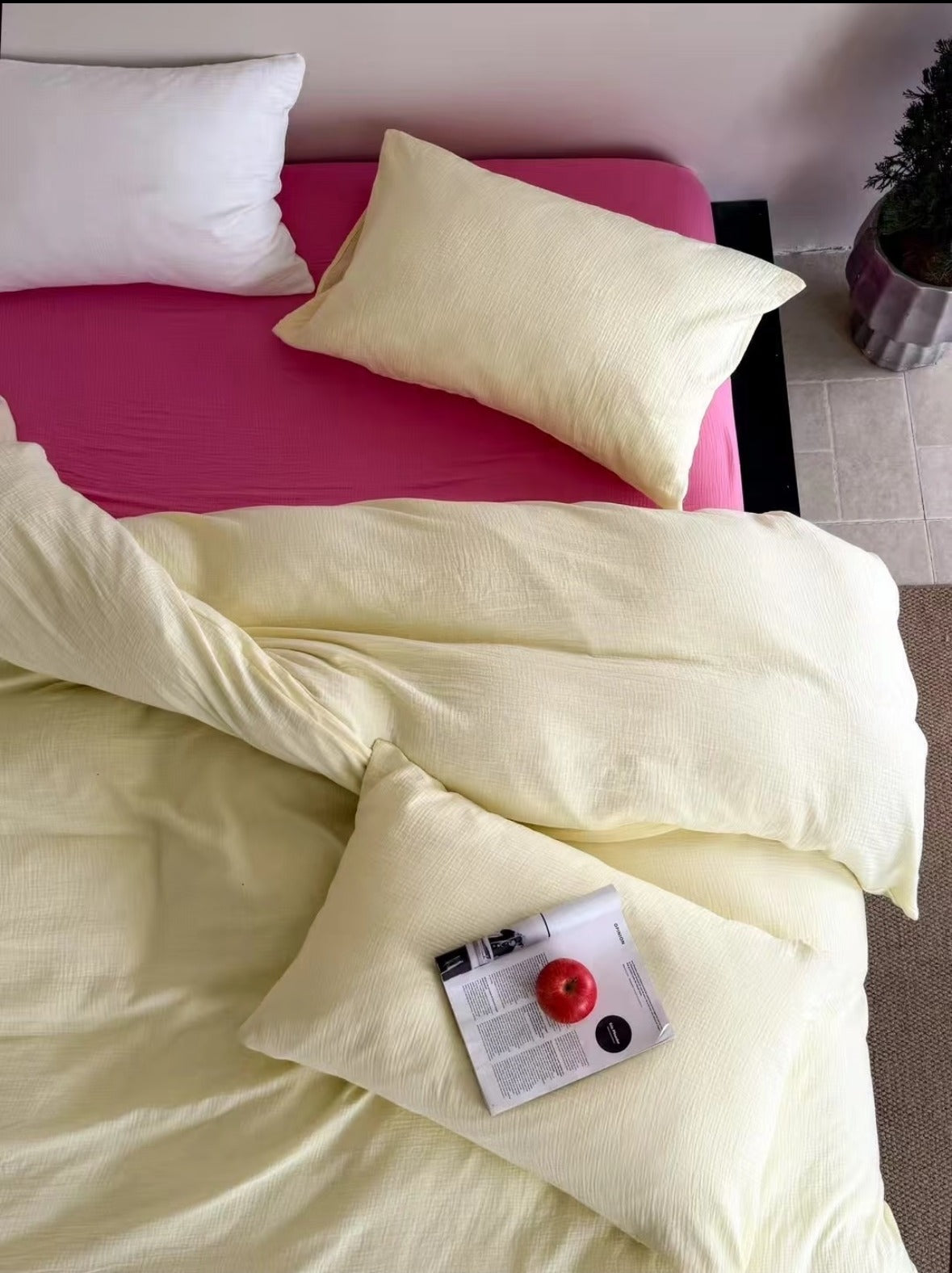 Double Gauze Cotton Bedding Set - Yellow + Pink