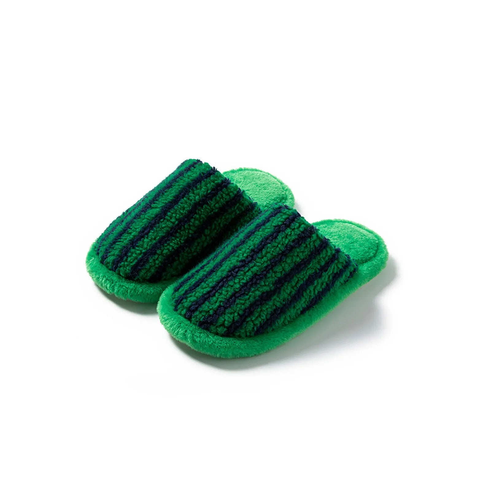 Pair of Green and Blue striped fuzzy house slippers isolated on white - RoomDen
