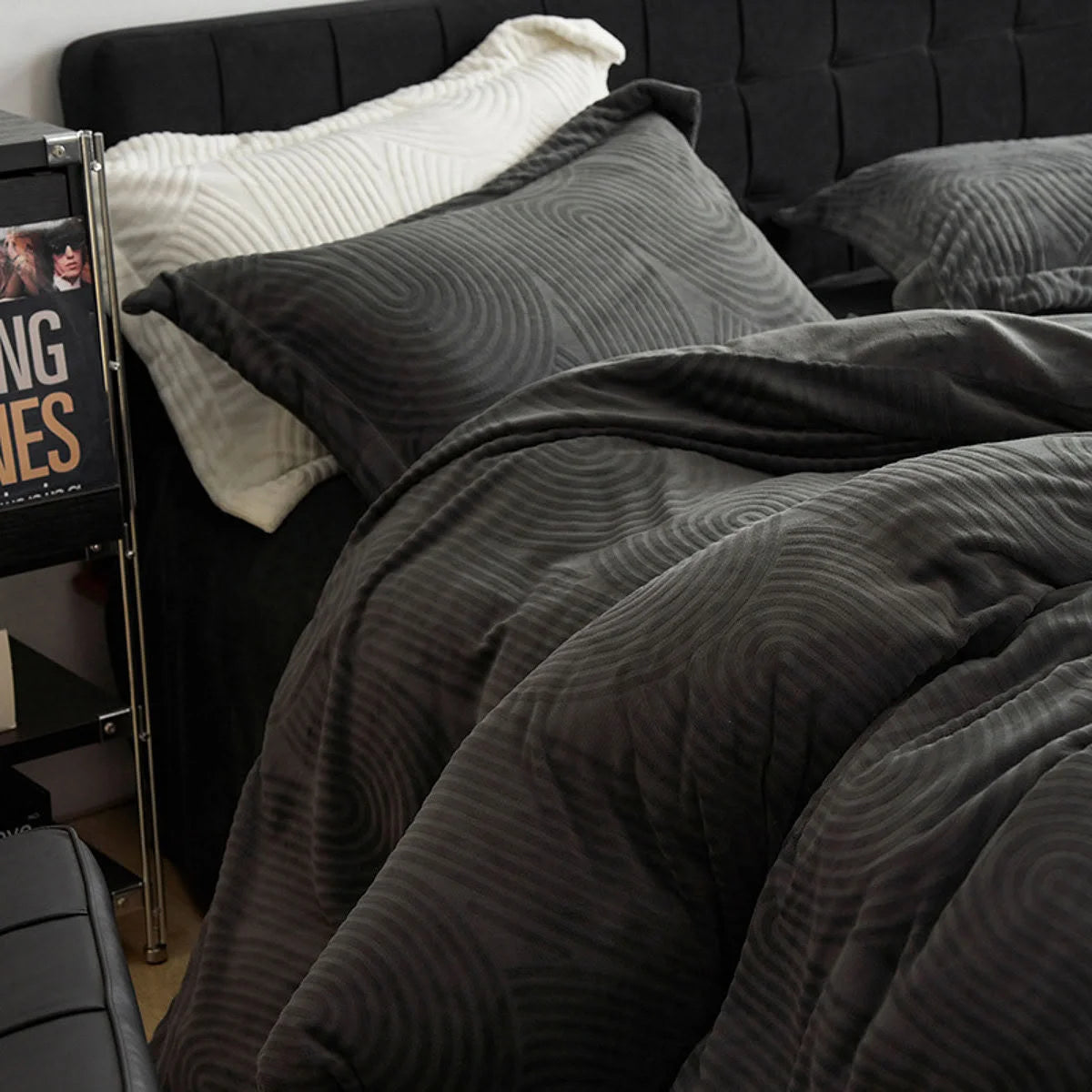 Close-up showing the rich texture and deep color of the Charcoal Grey flannel fleece duvet cover. - RoomDen