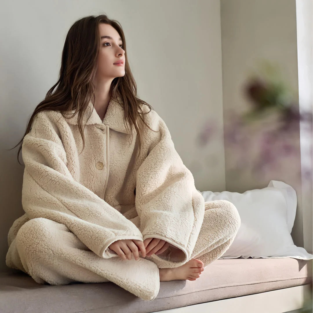 Model sitting cross-legged on a bench in the Creamy Beige Fleece Pajama Set, looking out a window.