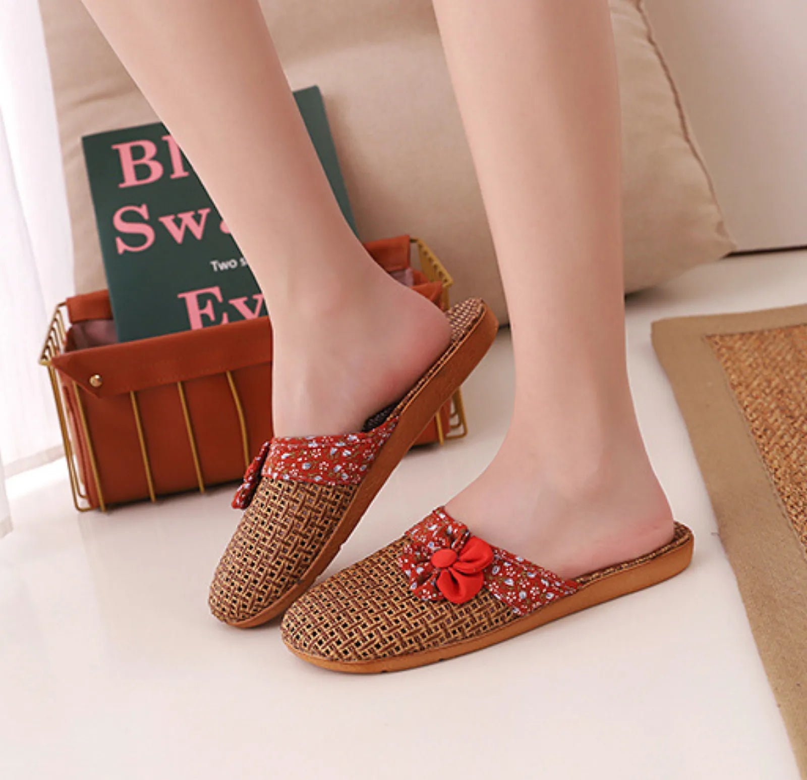 Side profile of Red Floral Natural Rattan House Slippers on model - RoomDen