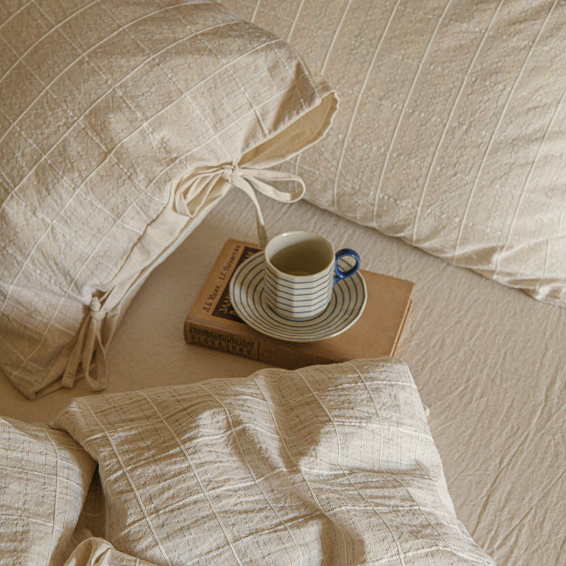 Ashfield Fine Color-Line Check Bedding Set – Close-up of fine grid lines and pillow ties - Roomden