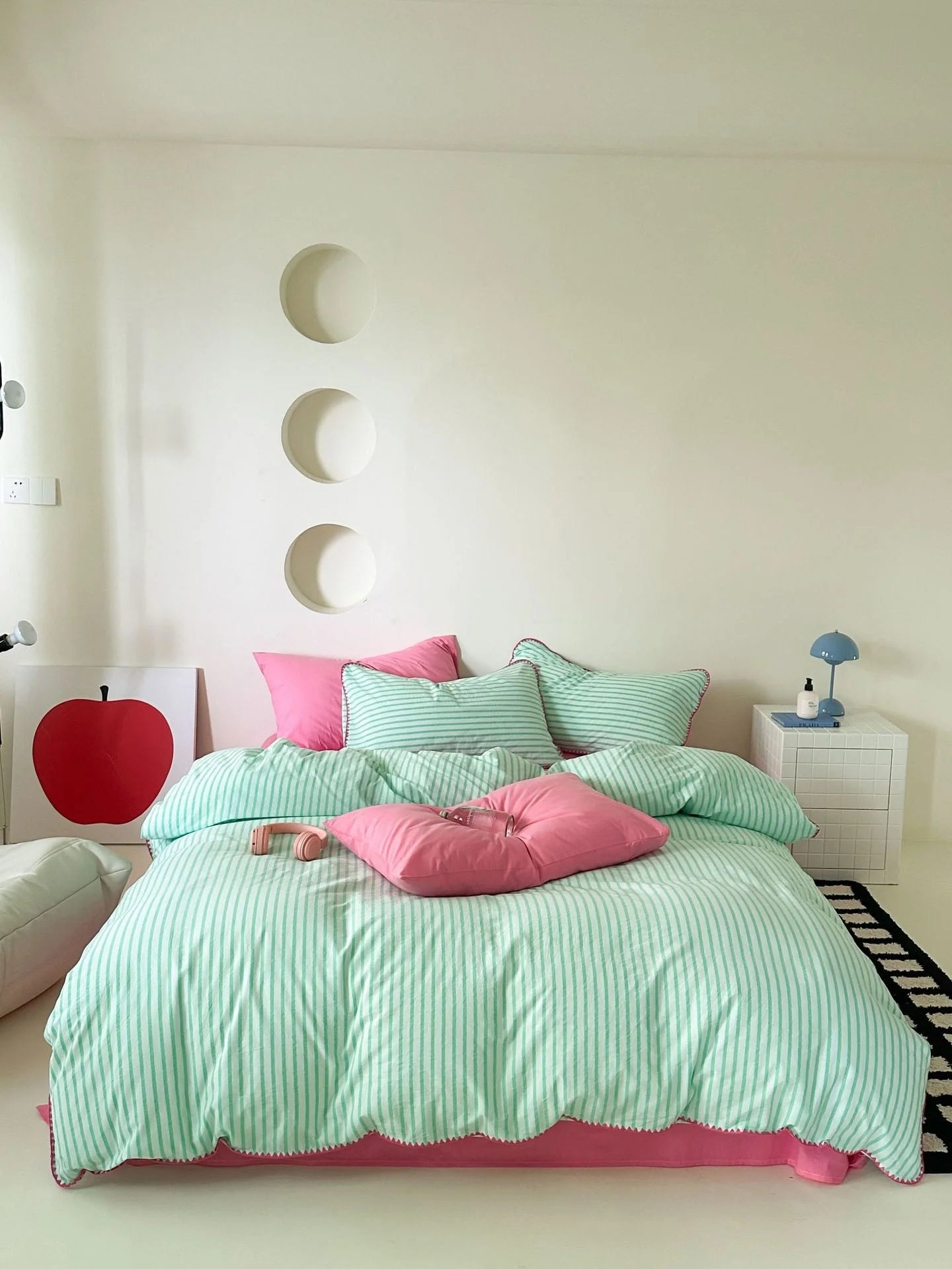 Mint Green Striped Bedding Set with Pink Scalloped Edge - RoomDen