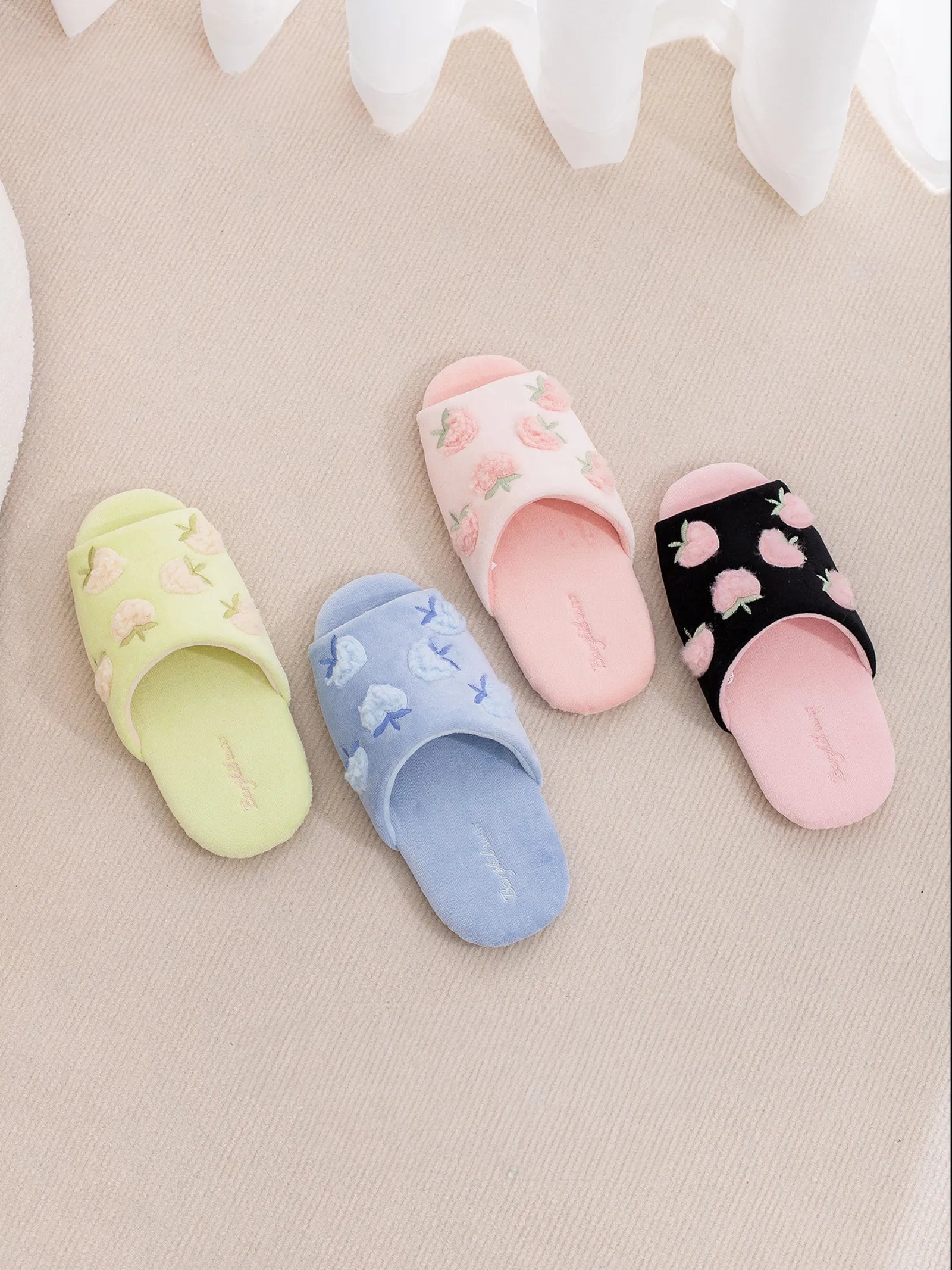 Flatlay Display of Soft Girl Aesthetic Fruit Slippers in Four Colors - RoomDen