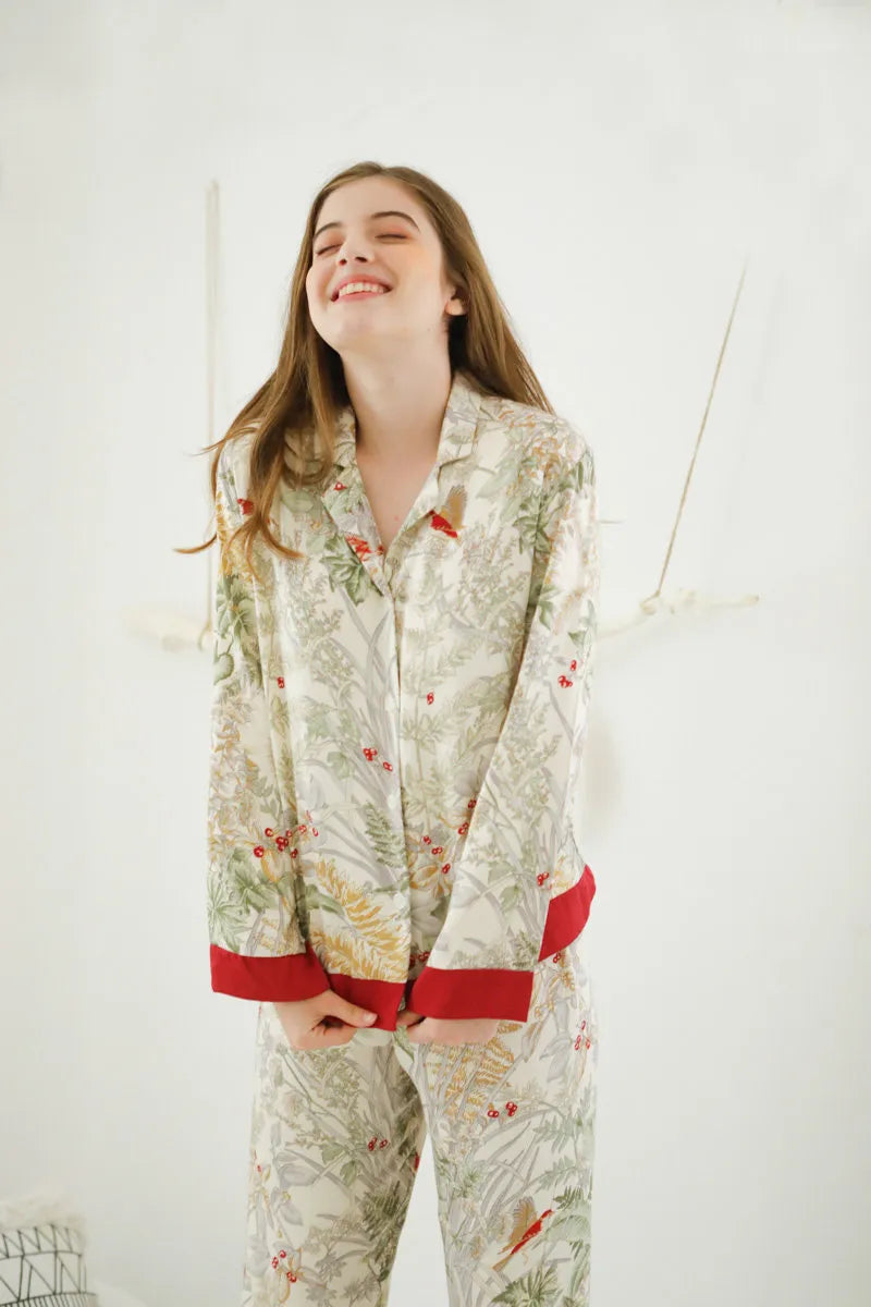 RoomDen Silky Festive Berry Botanical Cotton Sateen Pajama Set - Long Sleeve Smiling Pose - Holiday Joy