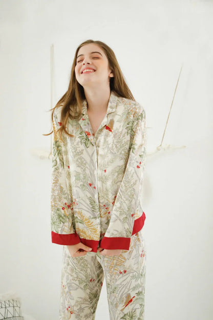 RoomDen Silky Festive Berry Botanical Cotton Sateen Pajama Set - Long Sleeve Smiling Pose - Holiday Joy