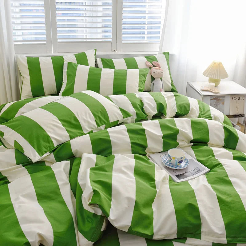 Vibrant Green & White Bold Stripe Cotton Bedding Set in a sunlit bedroom with white shutters - RoomDen