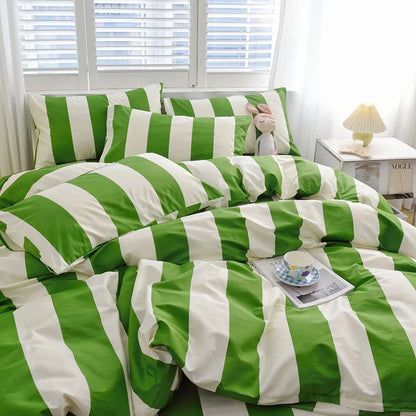 Vibrant Green & White Bold Stripe Cotton Bedding Set in a sunlit bedroom with white shutters - RoomDen