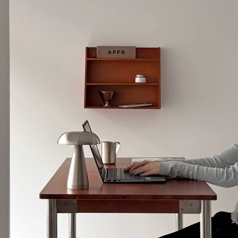 Japandi-style wall shelf styled in a minimalist workspace at calm morning light - RoomDen