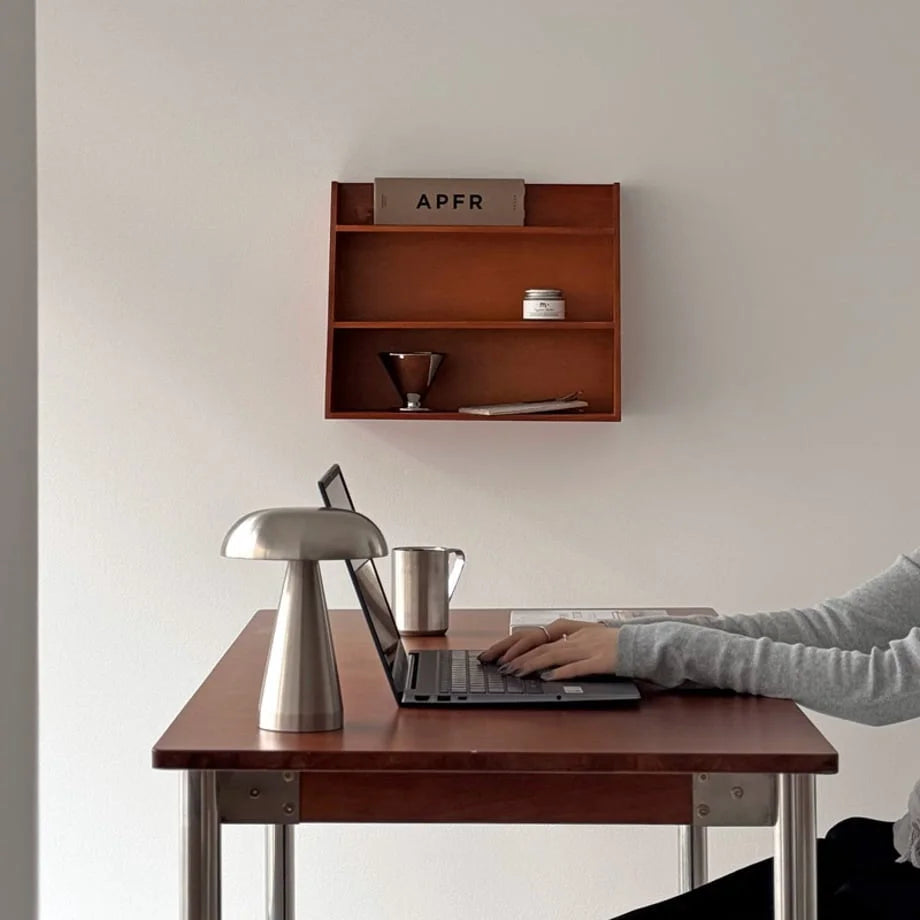 Japandi-style workspace featuring the Slanted Wood Wall Shelf and a minimalist lamp - RoomDen
