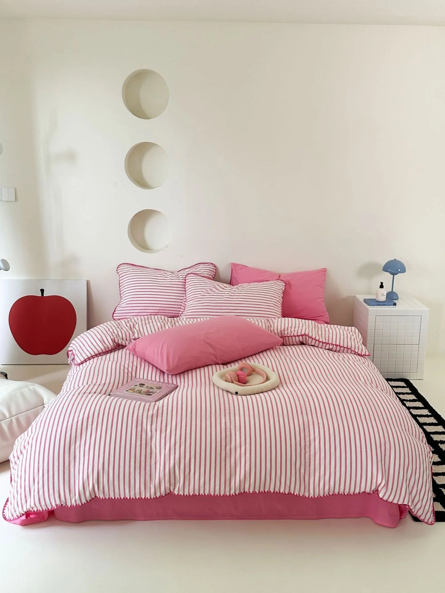 Berry Red Striped Cotton Duvet Cover with Pink Wavy Edge - RoomDen