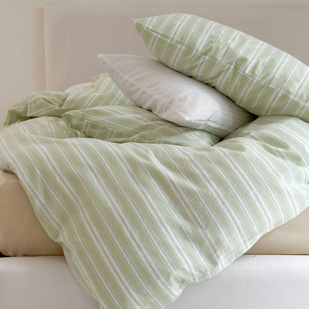 Close up Detail of Sage Green Striped Cotton Fabric Texture - RoomDen