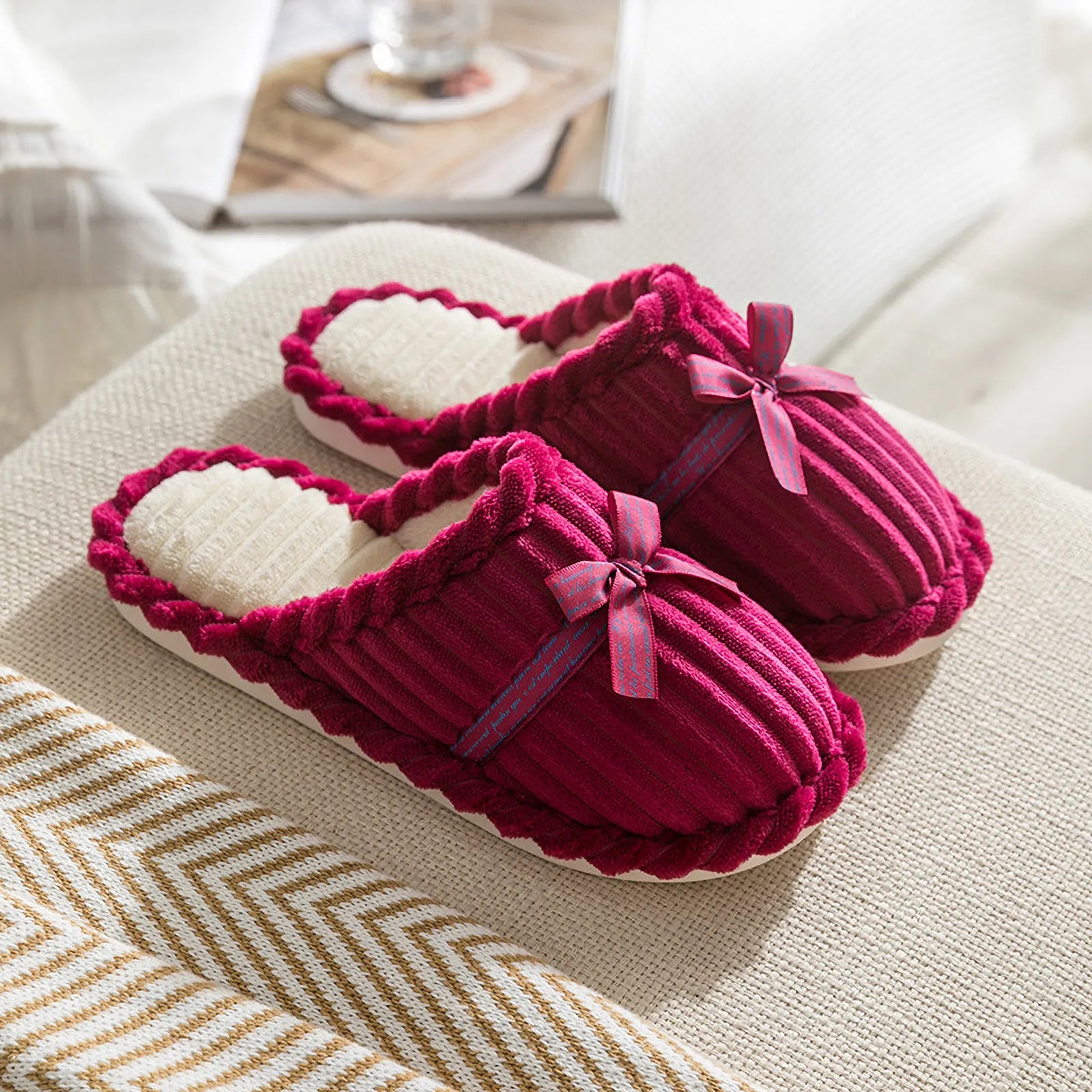 Close-up of Berry Purple Corduroy Slipper with Bow