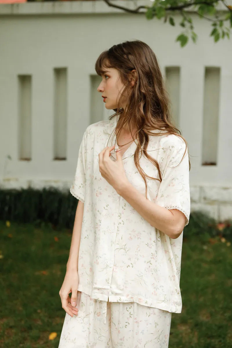 Side Profile of Model in Romantic Floral Sleepwear Set - RoomDen