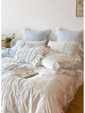 Elowen Floral Vine Embroidered Ruffle Washed Cotton Bedding Set