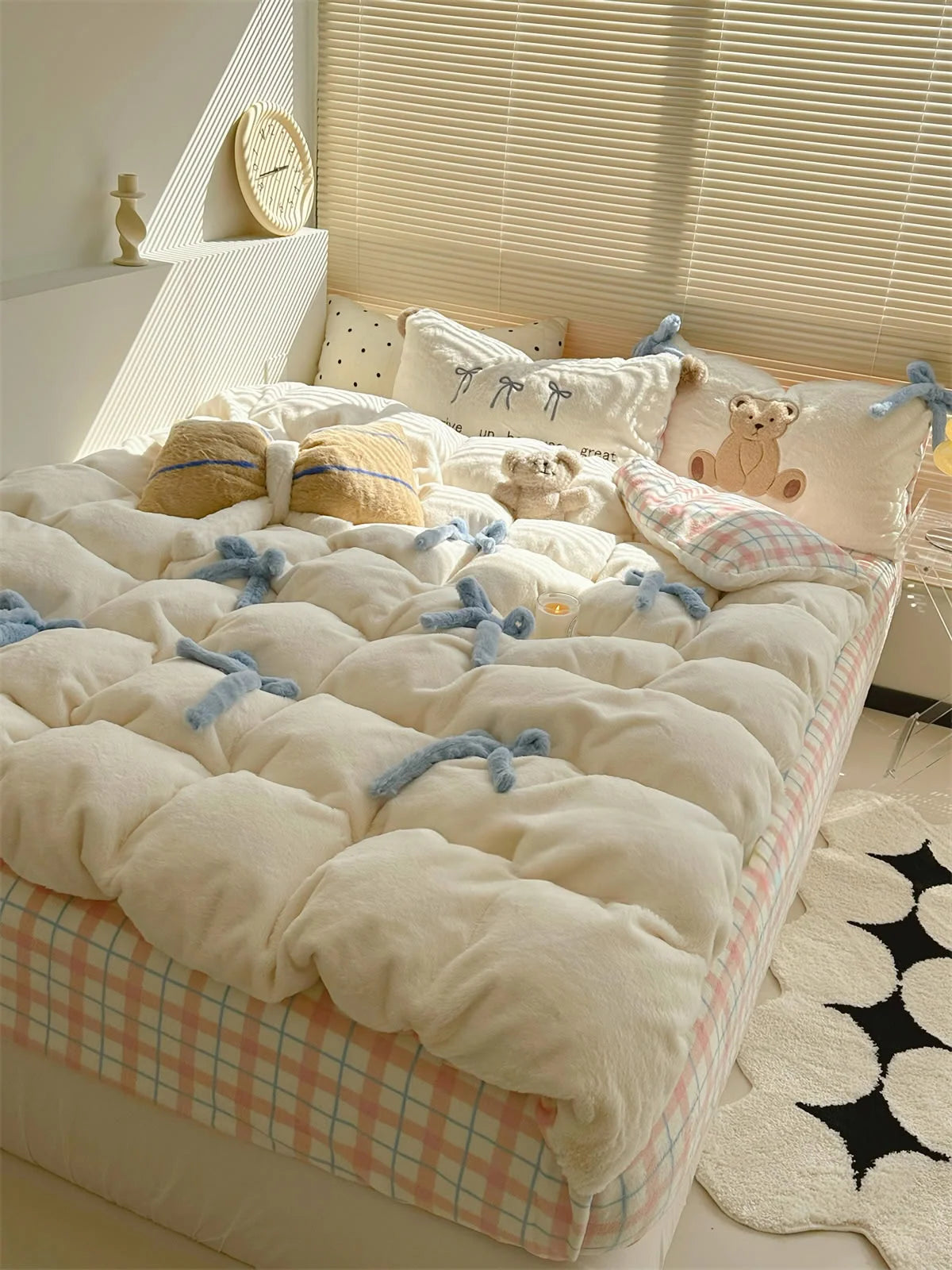 Full room view of the Creamy White Bear bedding set, showcasing the cozy dorm aesthetic.