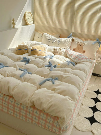 Full room view of the Creamy White Bear bedding set, showcasing the cozy dorm aesthetic.