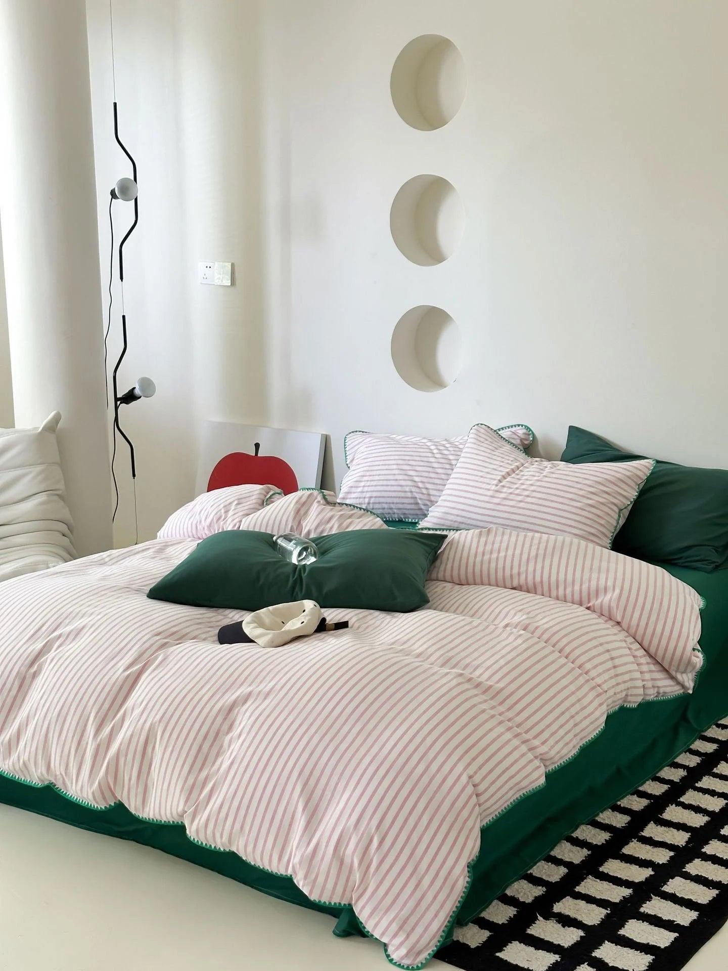 Soft Pink Striped Duvet Cover with Green Wavy Border - RoomDen