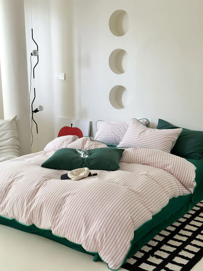 Soft Pink Striped Duvet Cover with Green Wavy Border - RoomDen