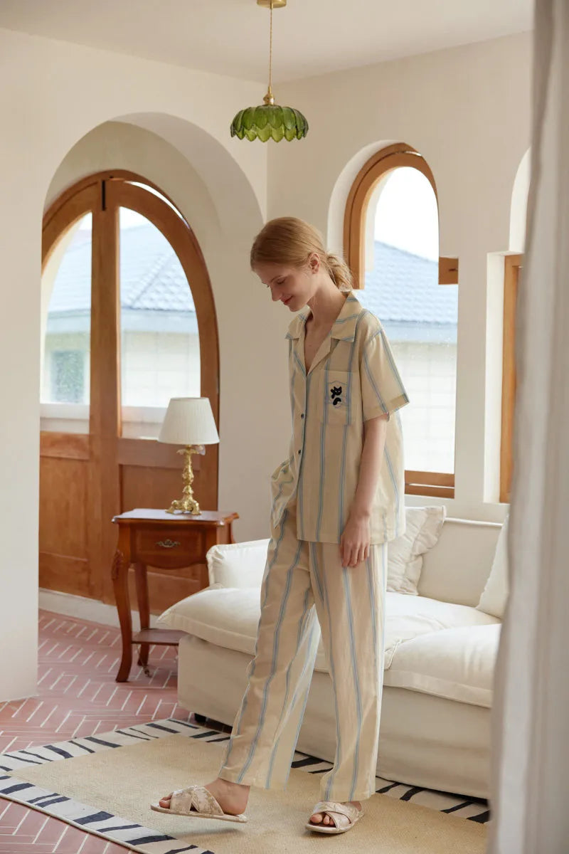 Beige and Blue Striped Double Gauze Pajama with Black Cat Embroidery - RoomDen