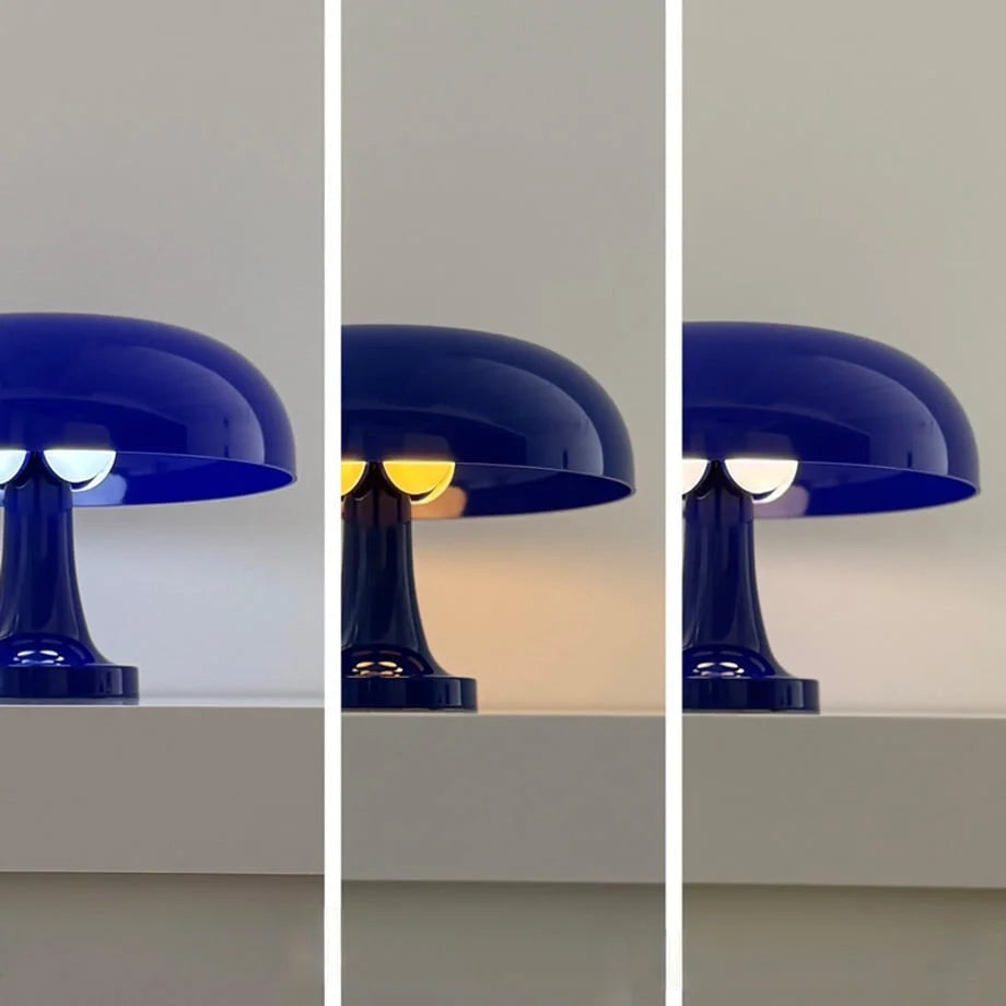 The cobalt blue mushroom lamp showing three different light temperatures: white, warm, and natural - RoomDen.