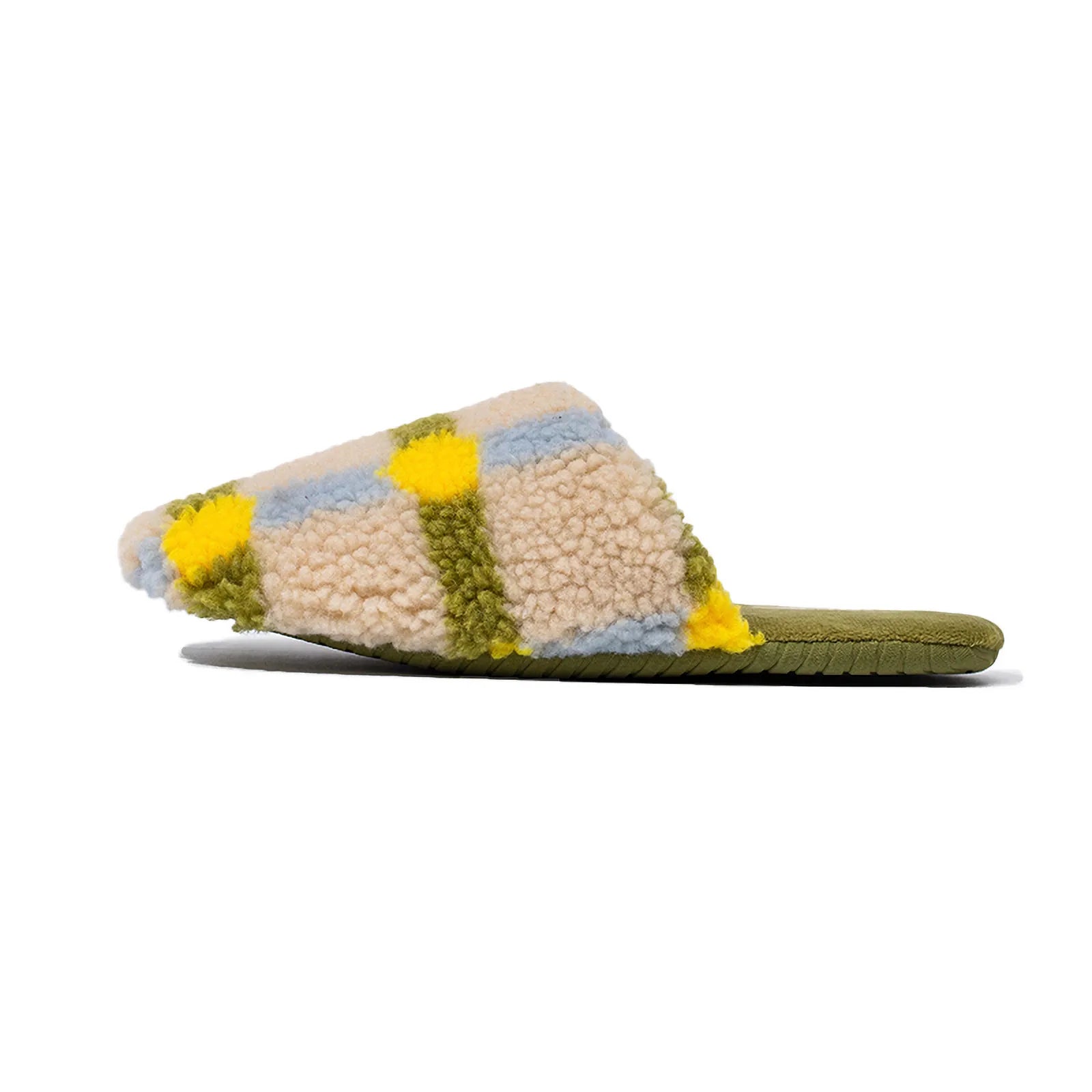 Profile view of Green Checkered Sherpa Slipper showing soft faux fur material - RoomDen