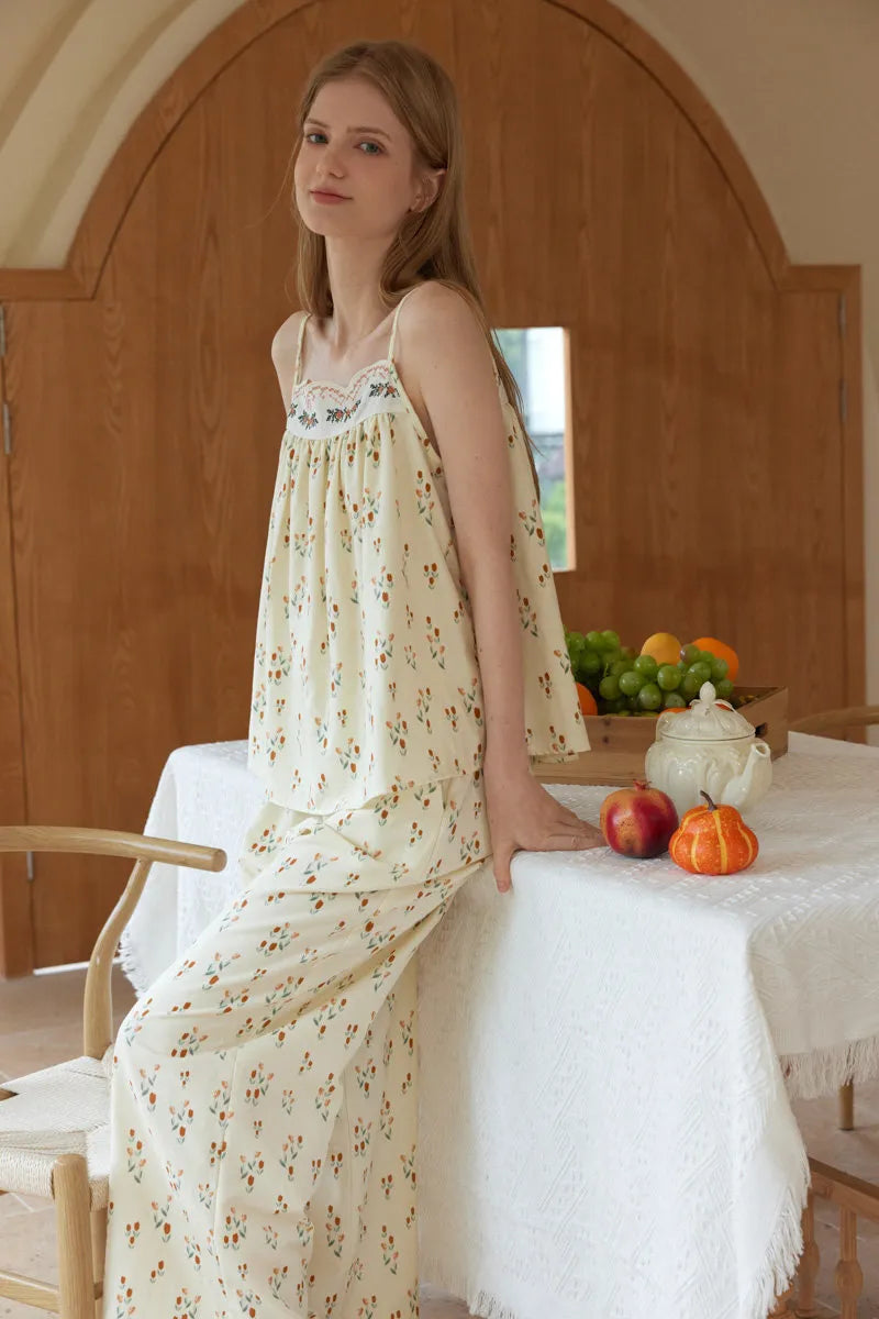 Coquette Style Floral Loungewear Pants Set Leaning on Table - RoomDen