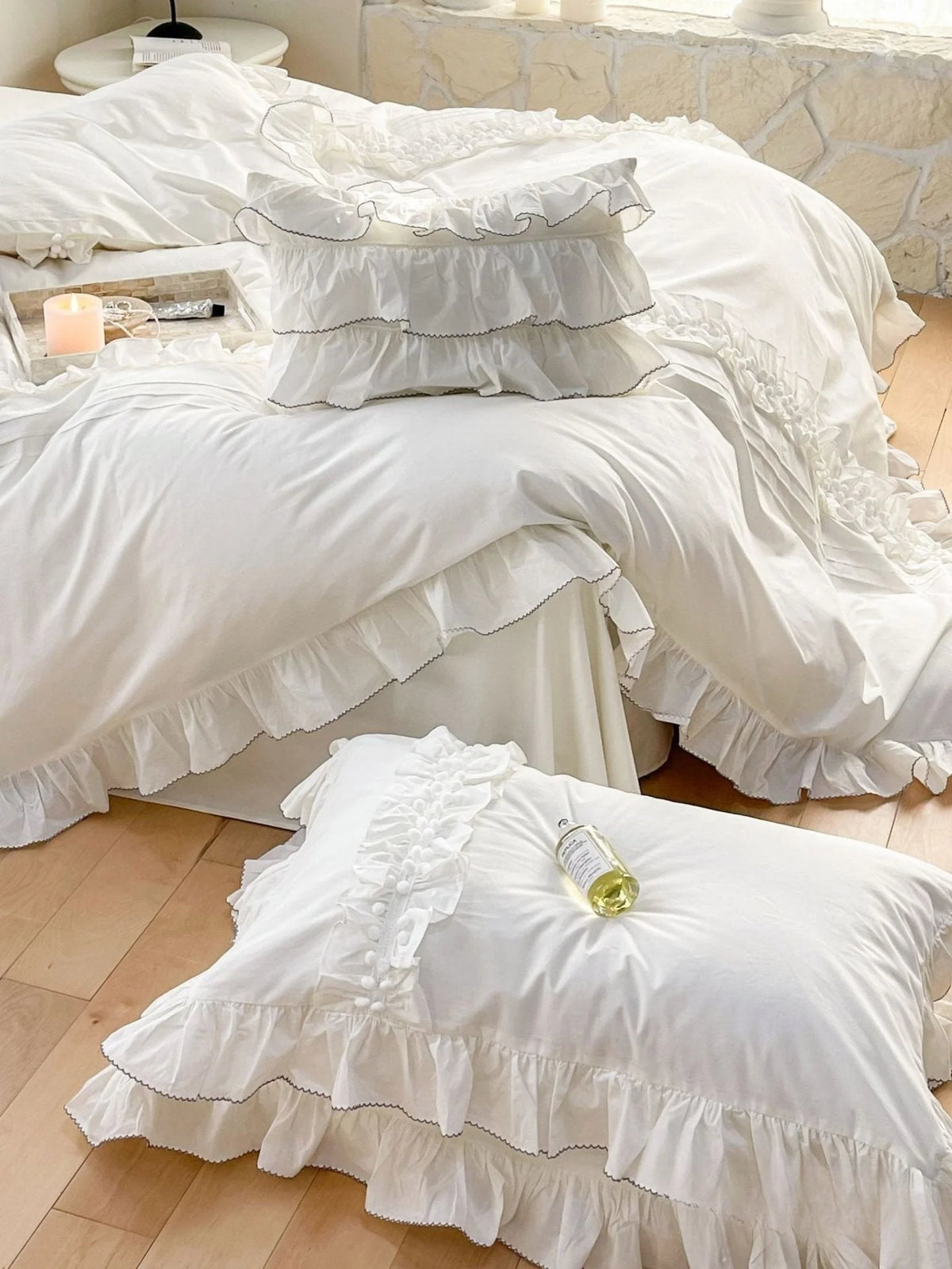 Lace-Trim Ruffle Washed Cotton Bedding Set, Ivory Cream, fabric and pillow details - Roomden
