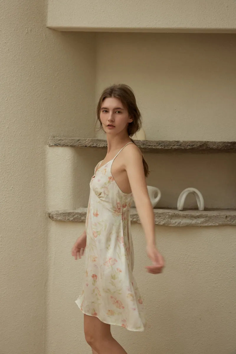 RoomDen Silky Vintage Floral Cotton Sateen Slip Dress - Spinning movement showcasing hem