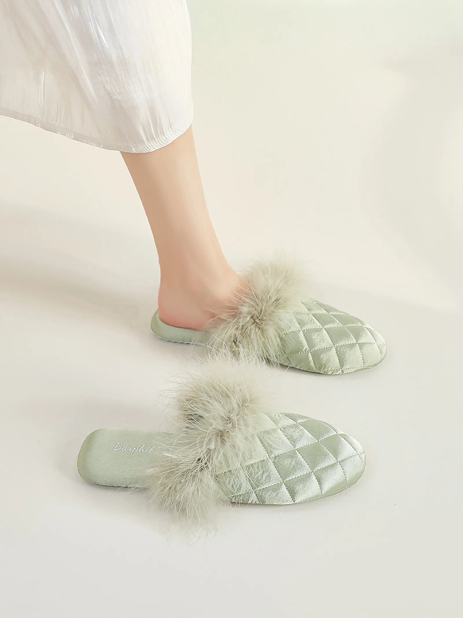 Sage Green quilted satin house slippers with feathery trim on legs - RoomDen