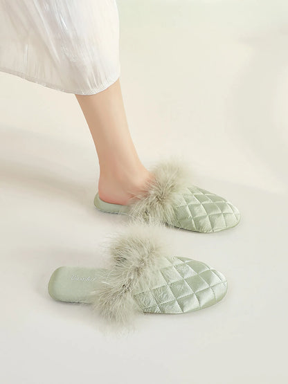 Sage Green quilted satin house slippers with feathery trim on legs - RoomDen