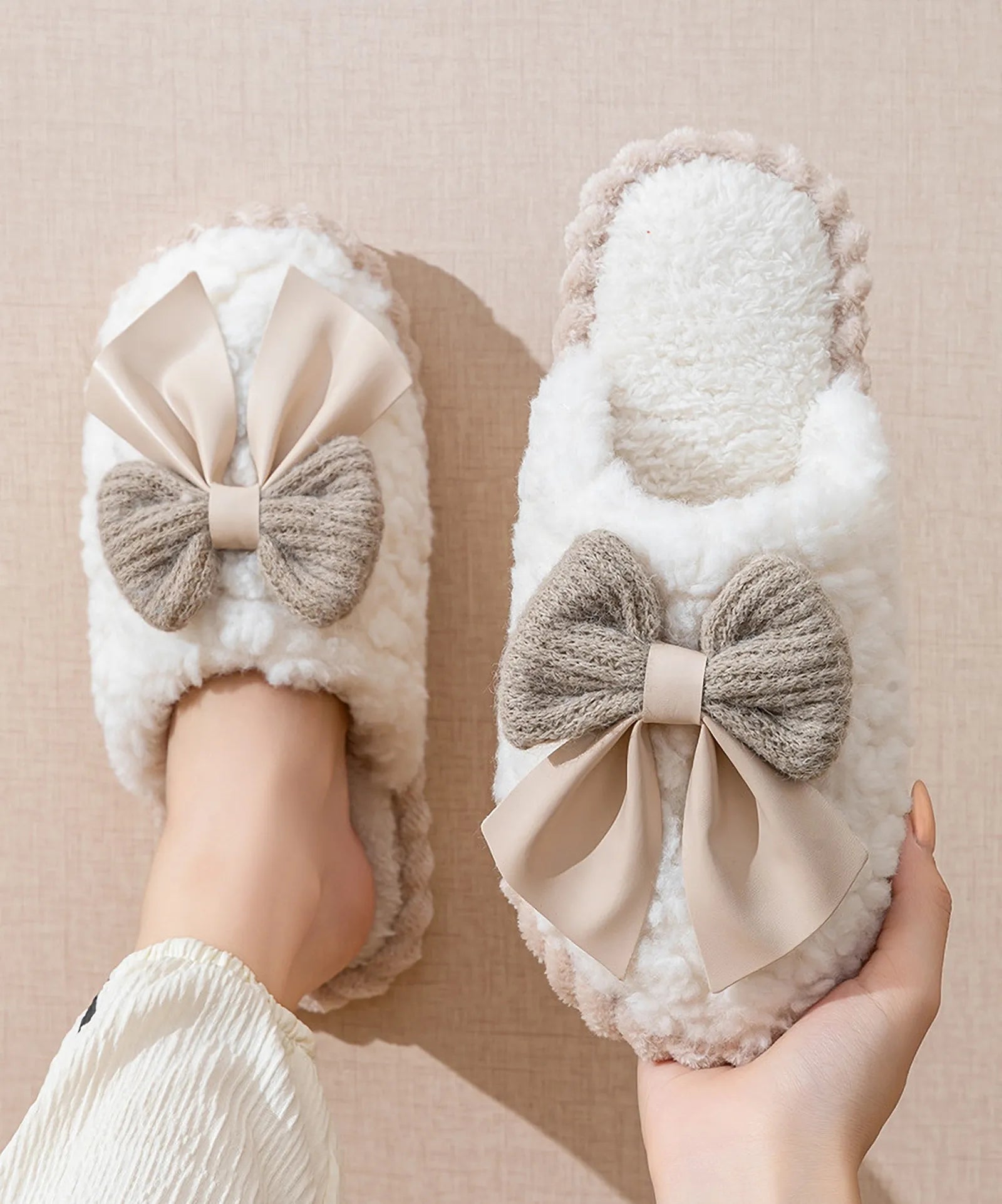 Model wearing White Plush Textured Fleece House Slippers - RoomDen