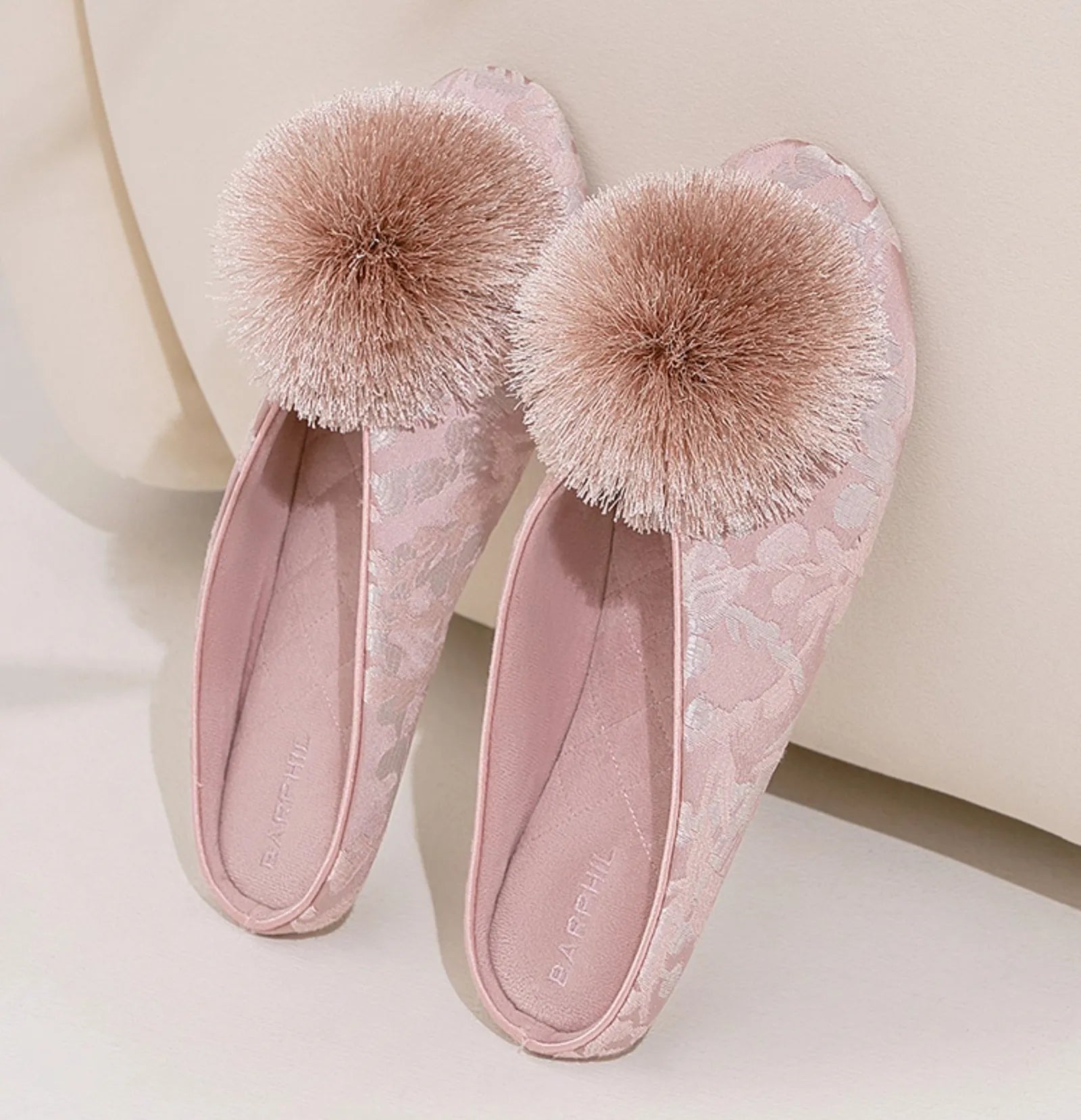 Top view of pink floral cotton sateen slippers with fluffy texture - RoomDen