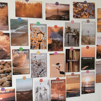 Full view of the Sunset Hues Poetic Photo Wall Collage Kit arranged on a white wall, showcasing the variety of sunset and nature scenes - RoomDen.