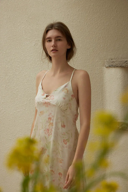 RoomDen Silky Vintage Floral Cotton Sateen Slip Dress - Soft focus romantic portrait