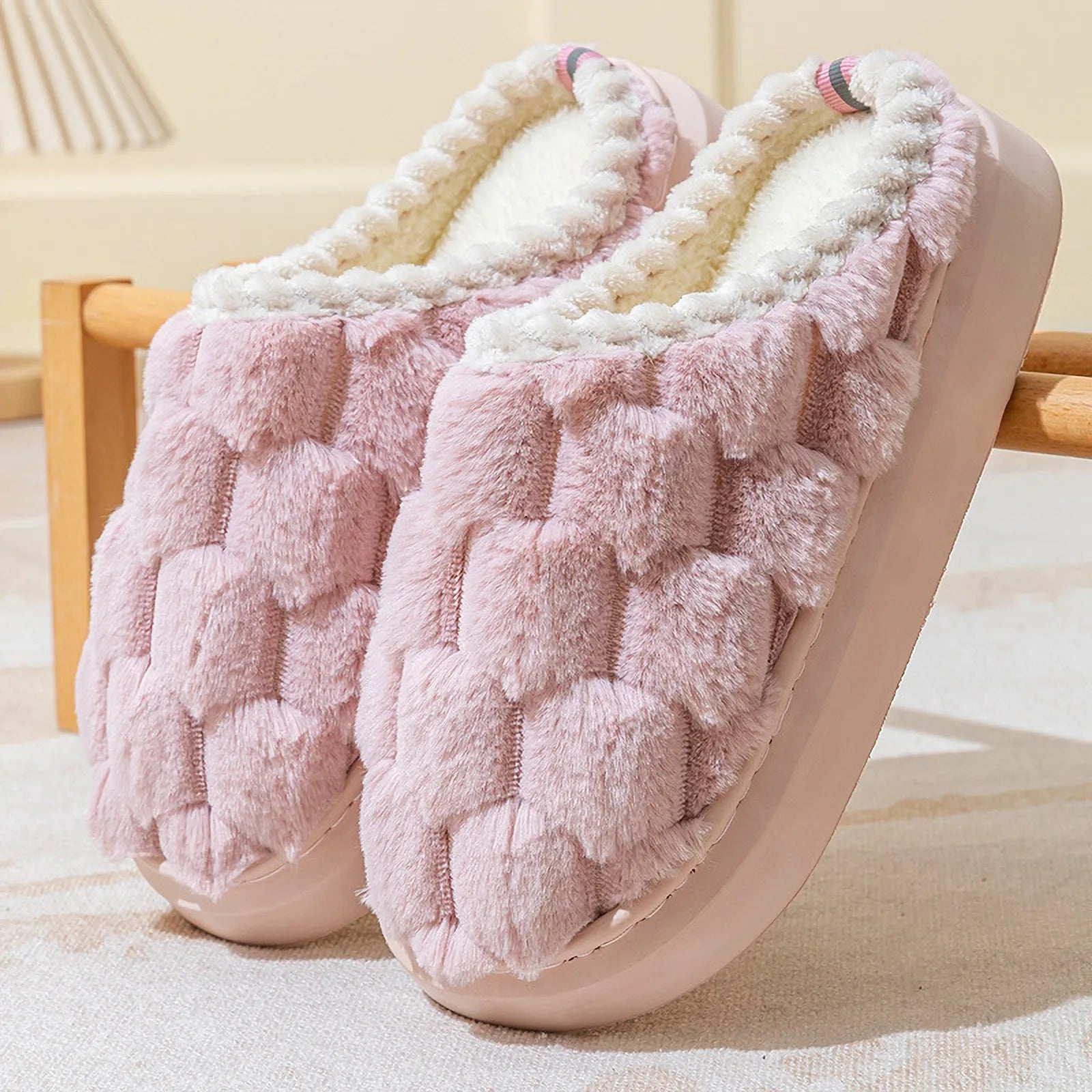Dusty Pink Plush House Slippers with geometric cube design - RoomDen
