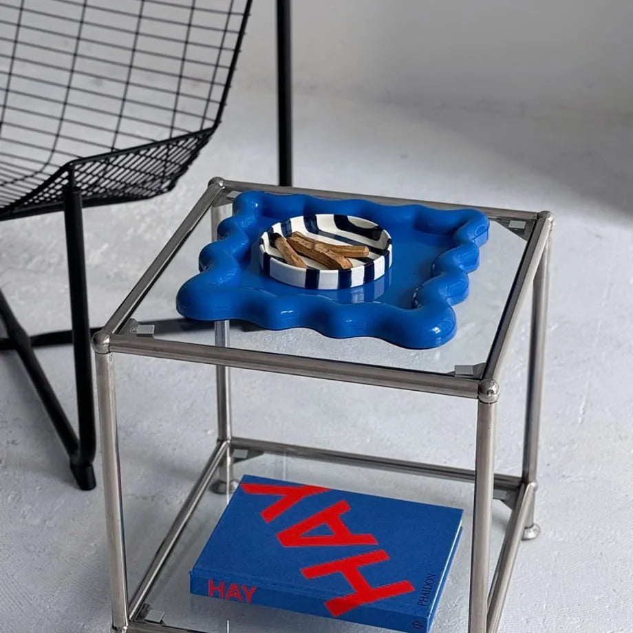 Cobalt Blue tray holding a small striped dish, showcasing its use as a catchall - RoomDen