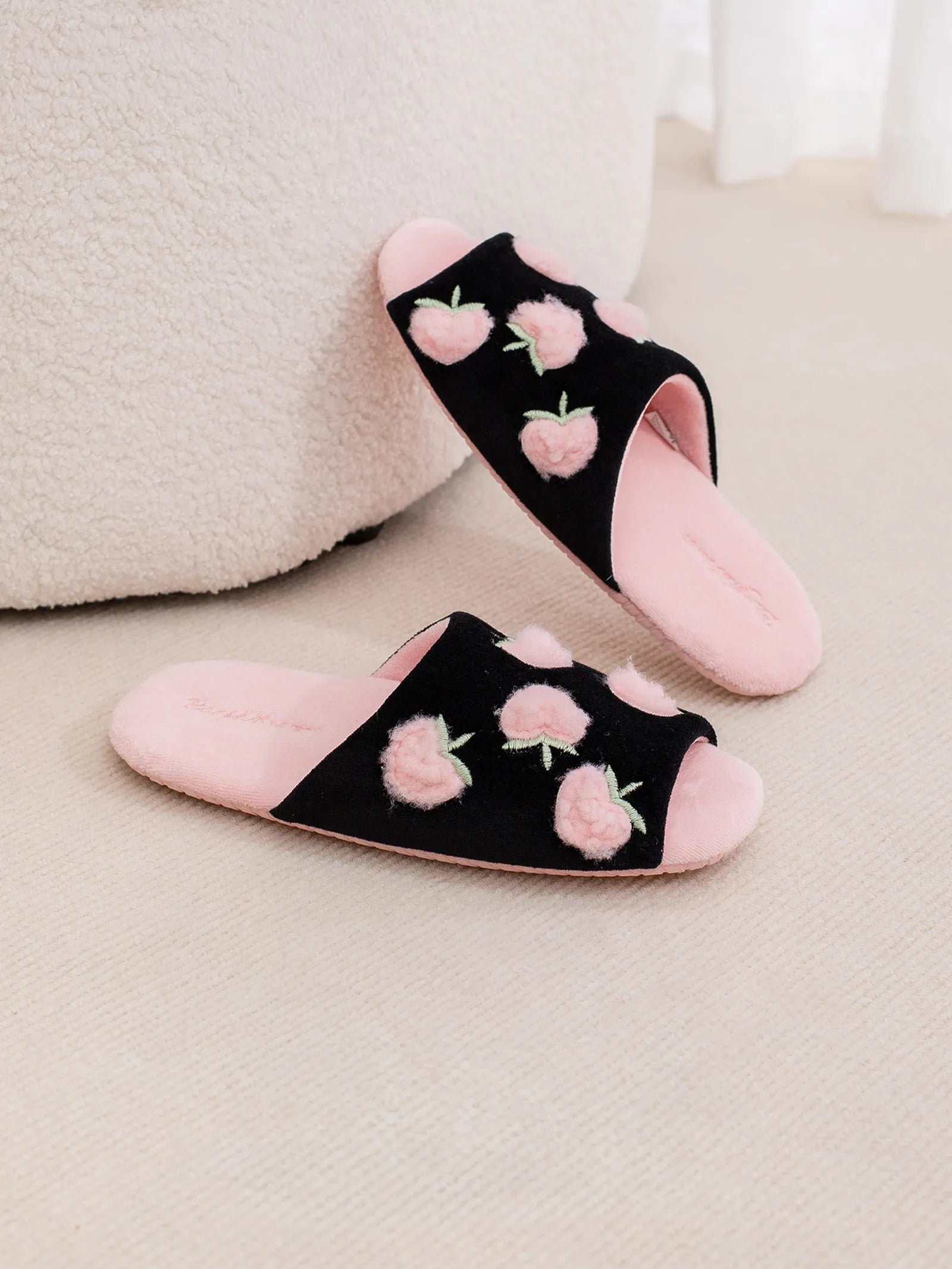 Pair of Black and Pink Peach Embroidered House Slippers - RoomDen